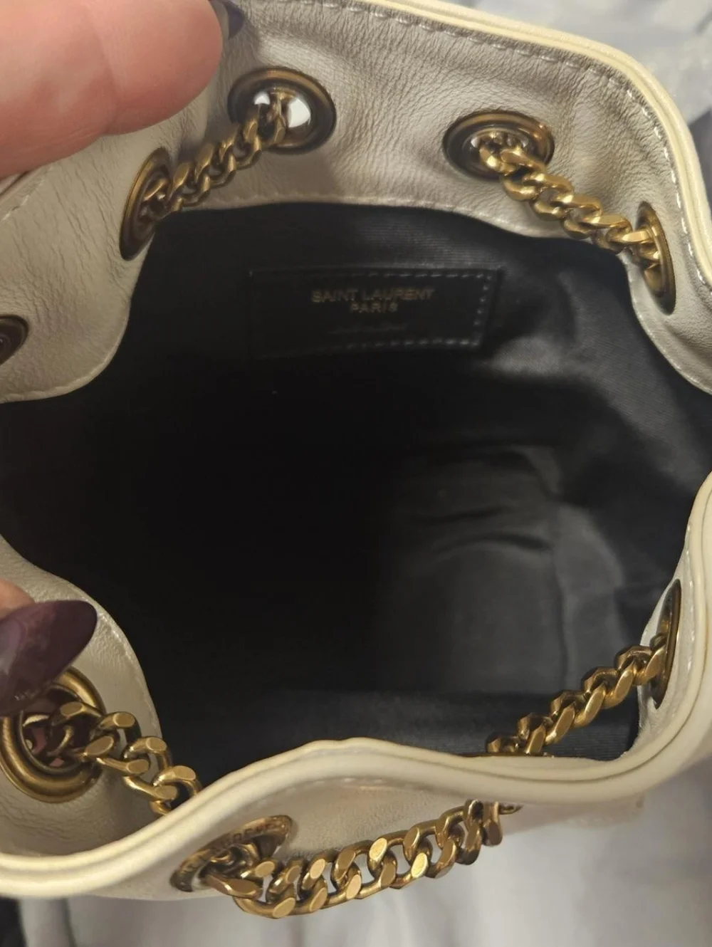 Saint Laurent Cream Quilted Mini Drawstring Bag with Gold Chain Strap - Picture 3 of 6